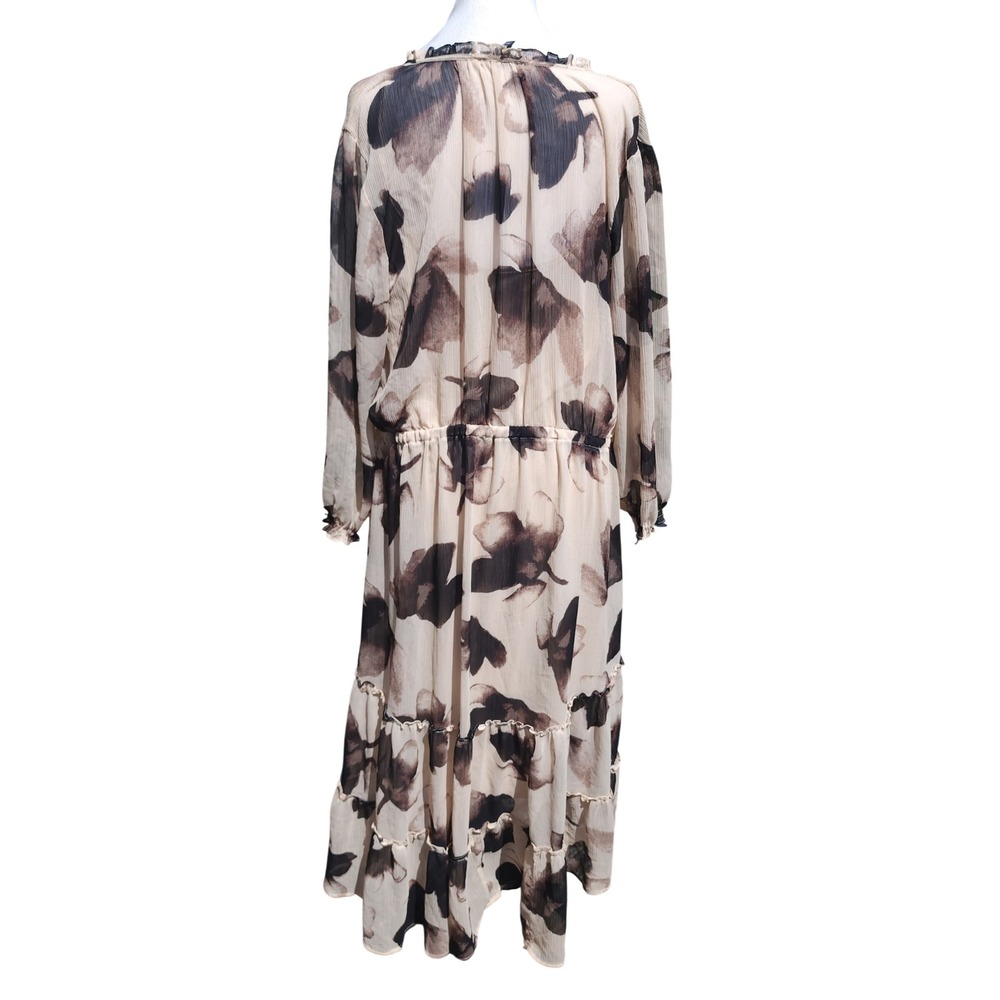 Simply Vera Vera Wang XXL Cream Brown Floral Tiered Chiffon Midi Dress Tie Neck - Picture 3 of 7